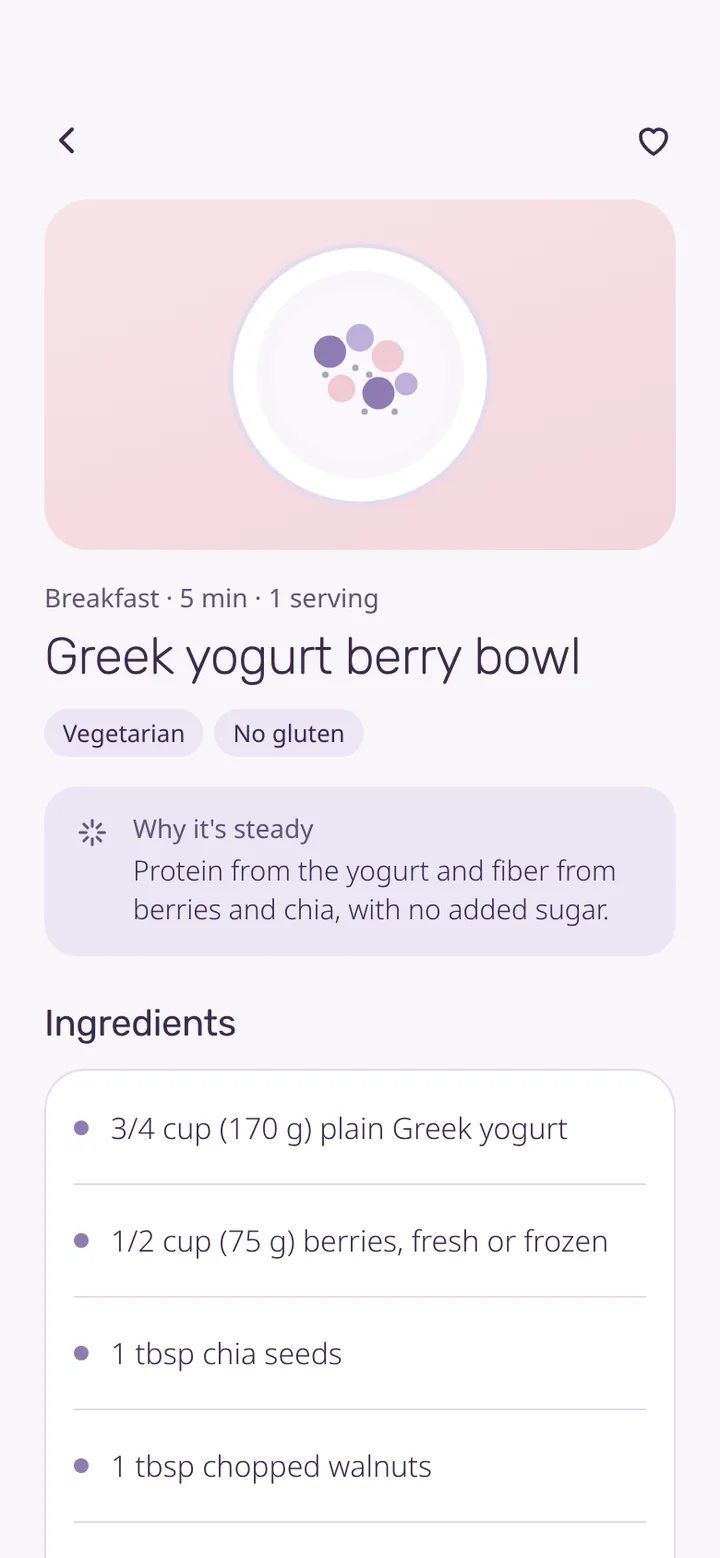 Recipe screen for a Greek yogurt berry bowl with ingredients and steps